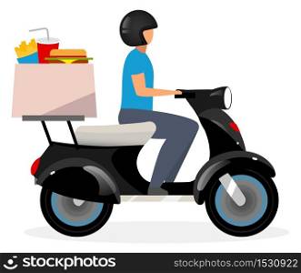 Fast food delivery service flat vector illustration. Motorcyclist driving scooter cartoon character isolated on white background. Courier, deliveryman riding bike, motorcycle, delivering cafe order