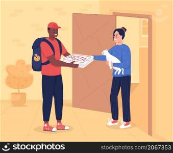Fast food delivery to home flat color vector illustration. Order pizza to home. Courier man with customer at doorway 2D cartoon characters with apartment building corridor interior on background. Fast food delivery to home flat color vector illustration