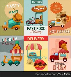 Fast food delivery trucks mini posters set isolated vector illustration. Fast Food Delivery Posters