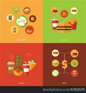 Fast food design concept set with breakfast dessert menu flat icons isolated vector illustration. Fast Food Design Concept