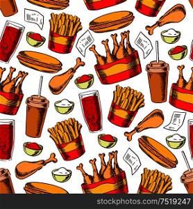 Fast food dinner background with seamless pattern of hot dog, french fries, chicken leg, soda and coffee drinks, ketchup and mayonnaise sauces. Food packaging or menu design. Fast food dinner seamless pattern