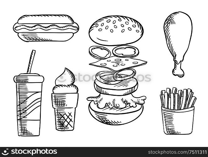 Fast food dinner menu isolated sketch icons of cheeseburger with beef patty, cheese, peppers, onion rings and lettuce, hot dog, fried chicken leg, french fries, soda cup and ice cream. Fast food snacks and drink sketch icons