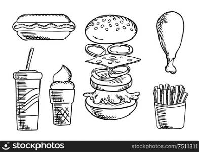 Fast food dinner menu isolated sketch icons of cheeseburger with beef patty, cheese, peppers, onion rings and lettuce, hot dog, fried chicken leg, french fries, soda cup and ice cream. Fast food snacks and drink sketch icons