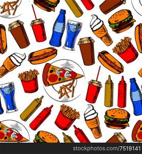 Fast food dinner with drinks and dessert seamless background with pattern of pizza, cheeseburger, hot dog, french fries and soda drinks, takeaway coffee cup, ice cream and sauces. Fast food dinner with drinks seamless pattern