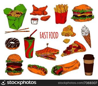 Fast food dishes collection vector illustration isolated on white backdrop noodle donut chicken hot-dog coffee and chips, fried potato and hamburger. Fast Food Dishes Collection Vector Illustration