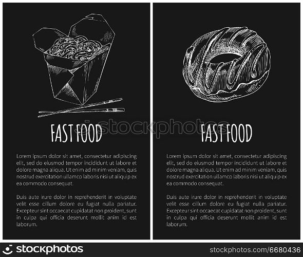 Fast food donut and noodles posters with text sample set. Package with Japanese Chinese food with chopsticks monochrome sketch outline icon vector. Fast Food Donut and Noodles Vector Illustration