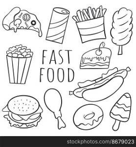 Fast food doodle set isolated vector illustration. Hand drawn bunch of junk food snack. Black contour image french fries, burger, hot dog, ice cream, donut, poporn, drink, pizza, chicken leg, cotton candy. Fast food doodle set isolated vector illustration