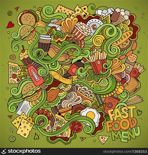 Fast food doodles elements background. Vector illustration. Fast food doodles elements background