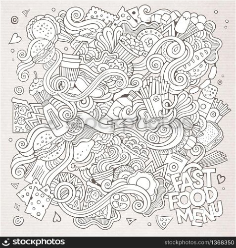 Fast food doodles elements background. Vector sketchy illustration. Fast food doodles elements background