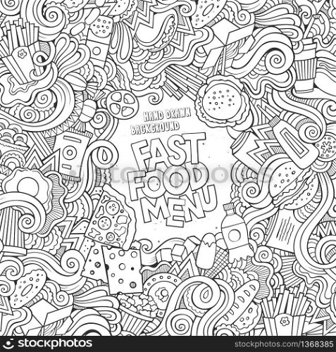 Fast food doodles elements frame background. Vector illustration. Fast food doodles elements frame background