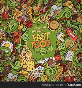 Fast food doodles elements frame background. Vector illustration. Fast food doodles elements frame background