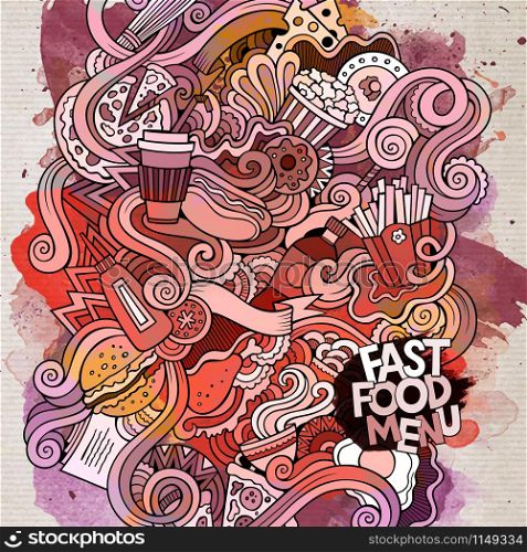 Fast food doodles elements watercolor art background. Vector illustration. Fast food doodles elements watercolor art background