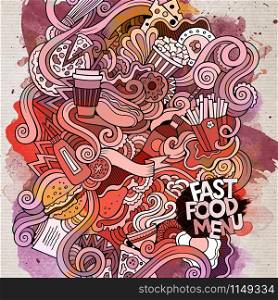 Fast food doodles elements watercolor art background. Vector illustration. Fast food doodles elements watercolor art background