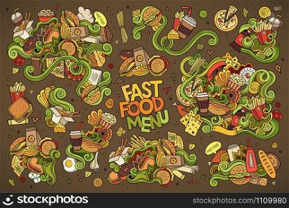 Fast food doodles hand drawn colorful vector symbols and objects. Fast food doodles hand drawn vector symbols