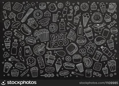 Fast food doodles hand drawn colorful vector symbols and objects. Chalkboard background. Fast food doodles hand drawn chalk board vector symbols