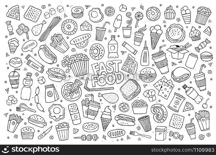 Fast food doodles hand drawn sketchy vector symbols and objects. Fast food doodles hand drawn sketchy vector symbols