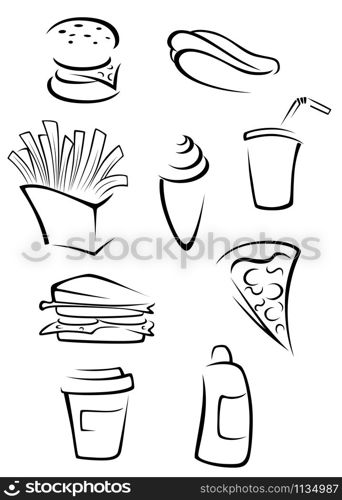 Fast food elements set in silhouette style. Vector illustration. Fast food elements