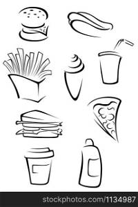 Fast food elements set in silhouette style. Vector illustration. Fast food elements