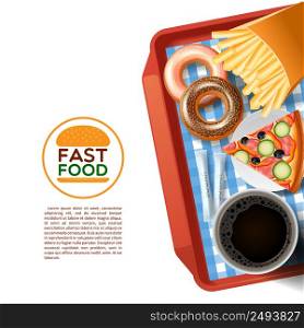 Fast food emblem and tray with donuts pizza and black coffee cup background poster abstract vector illustration. Fast food tray background poster