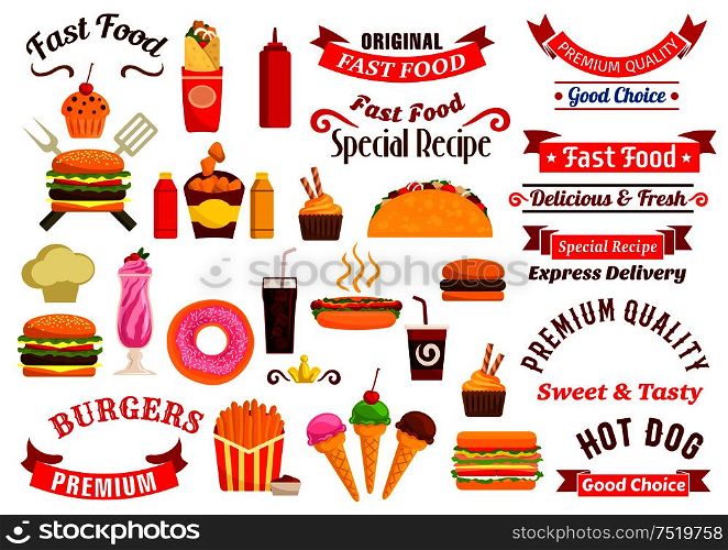 Fast food emblems, advertising express delivery ribbons. Vector icons of cheeseburger, sandwich, hot dog, pizza, french fries, hamburger, tacos, coffee, soda, muffin, ice cream, chef toque milkshake ketchup mustard chicken nuggets. Fast food snacks, drinks, ribbons emblems