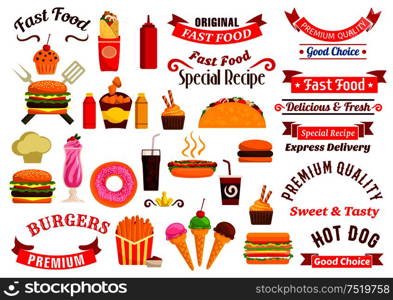 Fast food emblems, advertising express delivery ribbons. Vector icons of cheeseburger, sandwich, hot dog, pizza, french fries, hamburger, tacos, coffee, soda, muffin, ice cream, chef toque milkshake ketchup mustard chicken nuggets. Fast food snacks, drinks, ribbons emblems