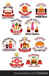 Fast food emblems. Cheeseburger, sandwich and hot dog, pizza, french fries and hamburger, tacos and coffee, soda, muffin, ice cream and milkshake, chicken nuggets, express delivery. Vector icons and ribbons. Fast food emblems with ribbons