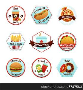 Fast food emblems set with donut soda potato chips isolated vector illustration