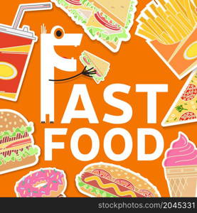 Fast food flat icons set. Elements on the theme of the restaurant business. Ice cream, hot dog, french fries, soda cup, pizza slice, burger, sandwich and donut. Clipping mask with a group of objects.. Fast food colorful flat design icons set.