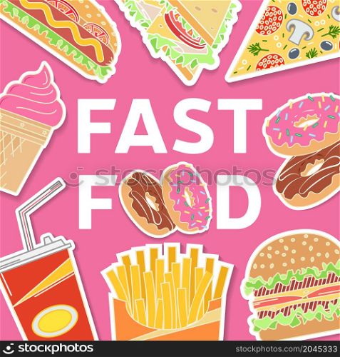 Fast food flat icons set. Elements on the theme of the restaurant business. Ice cream, hot dog, french fries, soda cup, pizza slice, burger, sandwich and donut. Clipping mask with a group of objects.. Fast food colorful flat design icons set.