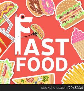 Fast food flat icons set. Elements on the theme of the restaurant business. Ice cream, hot dog, french fries, soda cup, pizza slice, burger, sandwich and donut. Clipping mask with a group of objects.. Fast food colorful flat design icons set.
