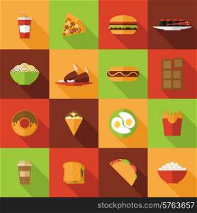 Fast food flat icons set with burger chicken chocolate noodles isolated vector illustration. Fast Food Icons Set