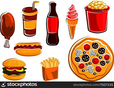Fast food french fries, hamburger, hot dog, fried chicken leg, pizza, popcorn bucket, bottle and takeaway cup of soda, ice cream cone. Cartoon fast food drinks and snacks