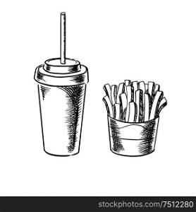 Fast food french fries in paper box and cold soda drink in takeaway cup with lid and straw isolated on white background, sketch style . French fries and cold soda drink sketches