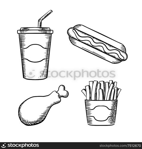 Fast food french fries in paper box, hot dog with ketchup, fried chicken leg and sweet soda in takeaway cup with drinking straw. Sketch images. French fries, hot dog, chicken leg ans soda