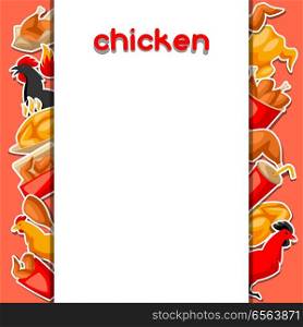 Fast food fried chicken meat. Background with legs, wings and basket.. Fast food fried chicken meat.