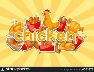 Fast food fried chicken meat. Background with legs, wings and basket.. Fast food fried chicken meat.