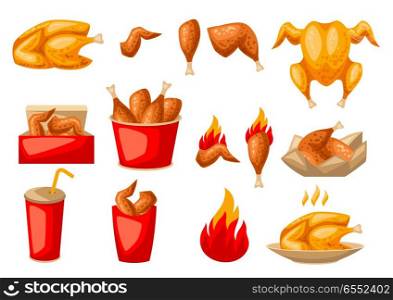 Fast food fried chicken meat.. Fast food fried chicken meat. Icon set of legs, wings and basket.