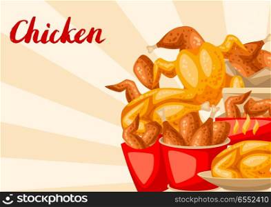Fast food fried chicken meat.. Fast food fried chicken meat. Background with legs, wings and basket.