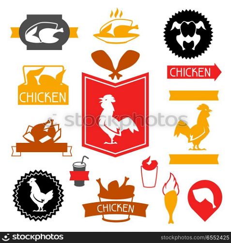 Fast food fried chicken meat.. Fast food fried chicken meat. Badges with legs, wings and basket.