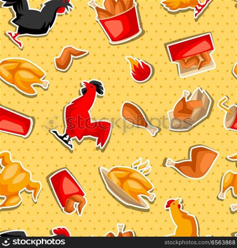 Fast food fried chicken meat. Seamless pattern with legs, wings and basket.. Fast food fried chicken meat.