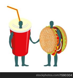 Fast food friends. Drink and hamburger. beverage in red cup and burger to hold hands