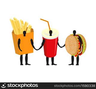 Fast food friends. French fries and hamburger. Drink in red cup and burger to hold hands