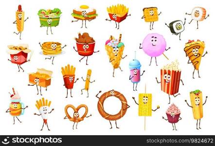 Fast food funny characters. French fries, chicken legs, popcorn and hot dog, waffles, sushi and burrito, sandwich, chips, corn and pancakes, soda fast food meal, drink and desserts cheerful personages. Fast food meals, desserts funny characters