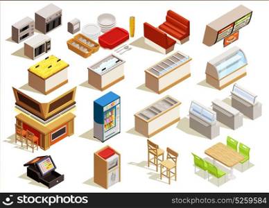 Fast Food Furniture Set. Isometric food court interior elements set with furniture kitchen equipment dishes refrigerated counters seats and tables vector illustration