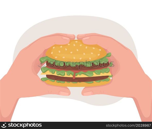 Fast food hamburger 2D vector isolated illustration. Tasty burger. Holding sandwich for eating flat first view hand on cartoon background. Junk snacks with calories colourful scene. Fast food hamburger 2D vector isolated illustration