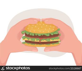 Fast food hamburger 2D vector isolated illustration. Tasty burger. Holding sandwich for eating flat first view hand on cartoon background. Junk snacks with calories colourful scene. Fast food hamburger 2D vector isolated illustration