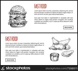 Fast food hamburger and fried chicken with sauce graphic art snack isolated on white, burger with fresh ingredients and buns with sesame, nuggets heap. Fast Food Hamburger and Fried Chicken with Sauce