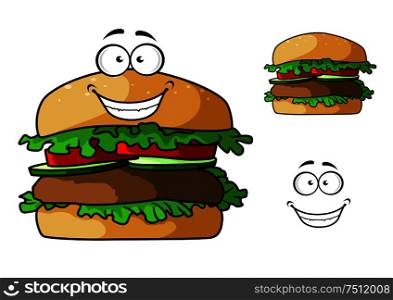 Fast food hamburger cartoon character with grilled patty, fresh tomato and cucumber slices, lettuce leaves for takeaway or cafe menu design. Cartoon fast food hamburger character