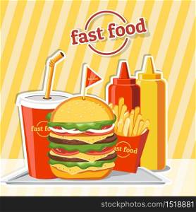 Fast food hamburger, tasty set fast food vector