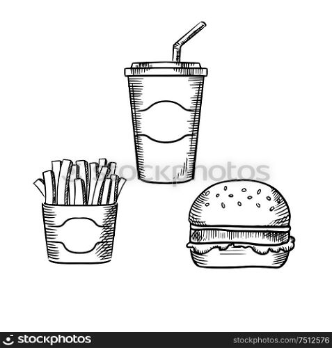 Fast food hamburger with beef patty and lettuce leaf, box of french fries and sweet soda paper cup with drinking straw. Sketch style. Hamburger, french fries and soda cup